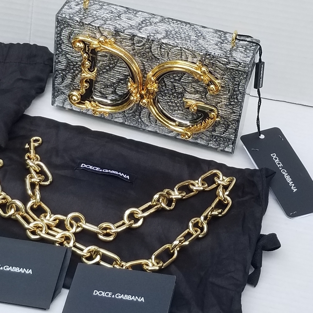 Dolce and Gabbana D&G Plexiglass box bag with embedded silver lamé jacquard